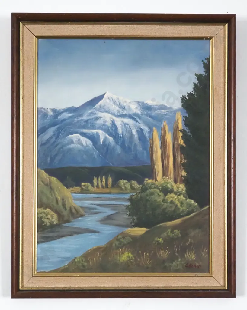 Evelyn Baker. 1984. Coronet Peak & Shotover River. Oil on Board. Image 1++