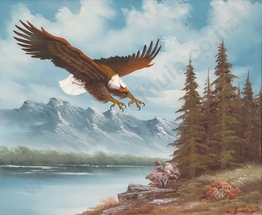 W Amadio. Eyes Fixed & Talons Splayed, Flying In On HIs Prey. Oil On Board. Image 1++