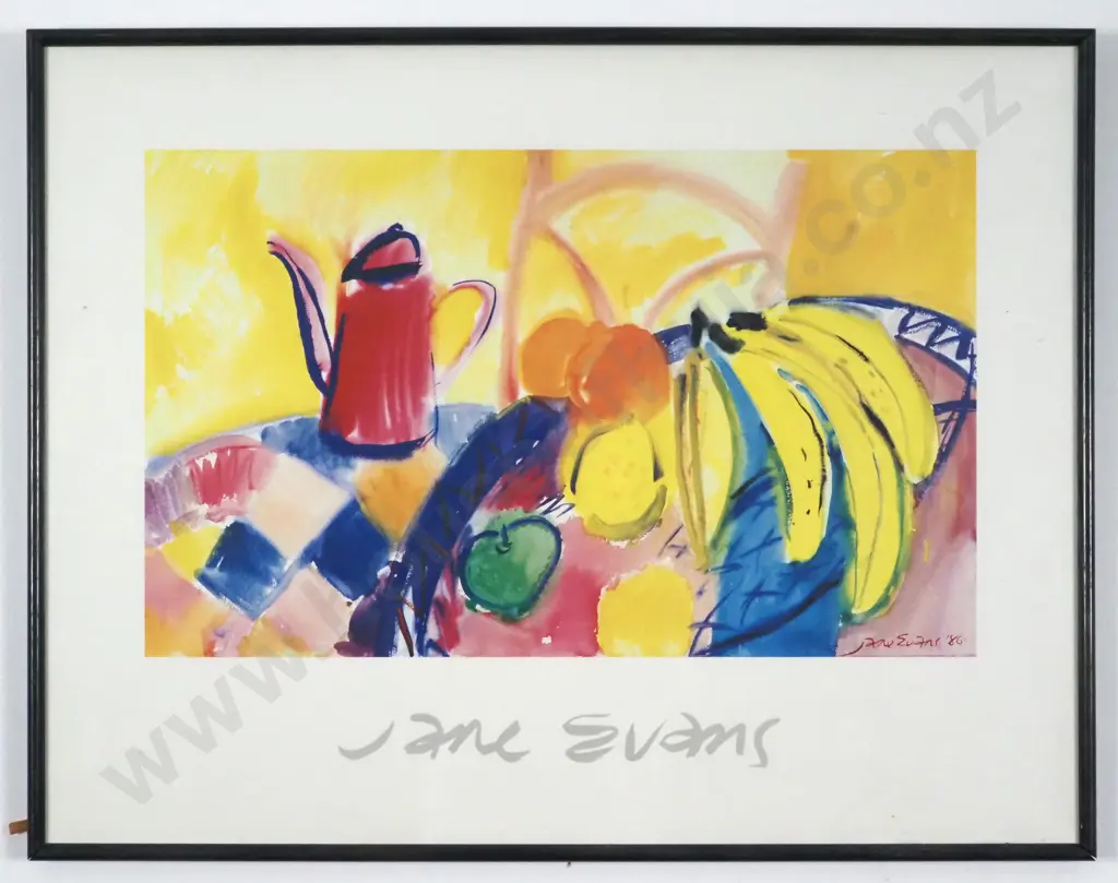 Jane Evans. 1968. Still Life - Coffee Pot & Fruit. Reproduction Print. Image 1++
