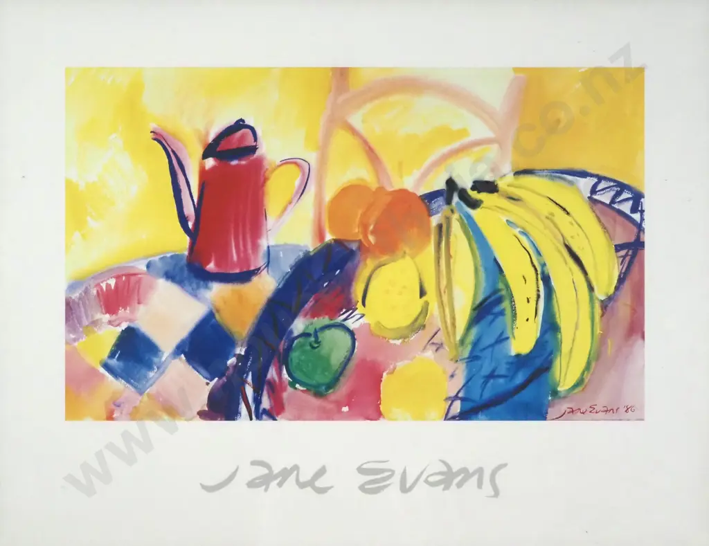 Jane Evans. 1968. Still Life - Coffee Pot & Fruit. Reproduction Print. Image 1++