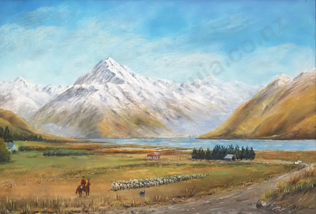 George Brassell. Mount Cook From Glentanner Station. Oil On Board. Image 1++