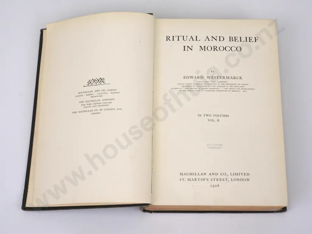 Edward Westermarck, Ritual & Belief in Morocco, Macmillan, London 1926, 2 Vols, Ex lib. Image 1++