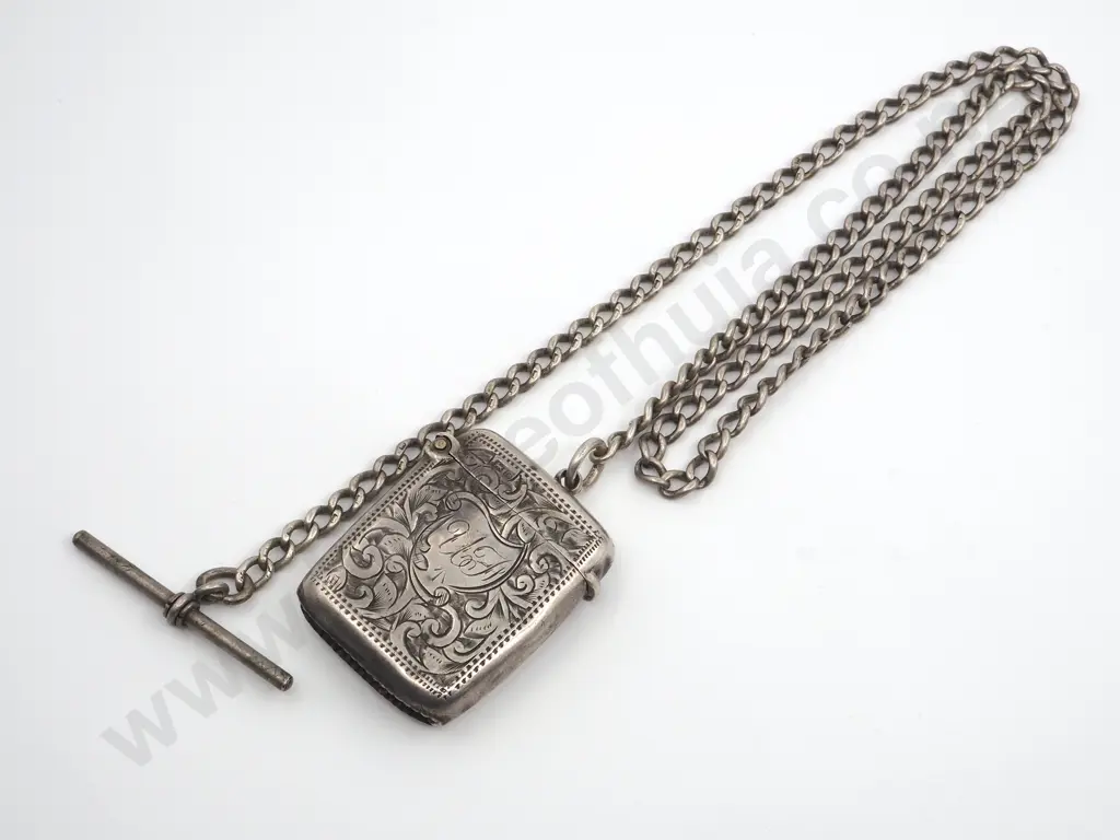 Sterling Silver Engraved Vesta Box (With Vestas) & Chain Link Fob Chain Image 1++