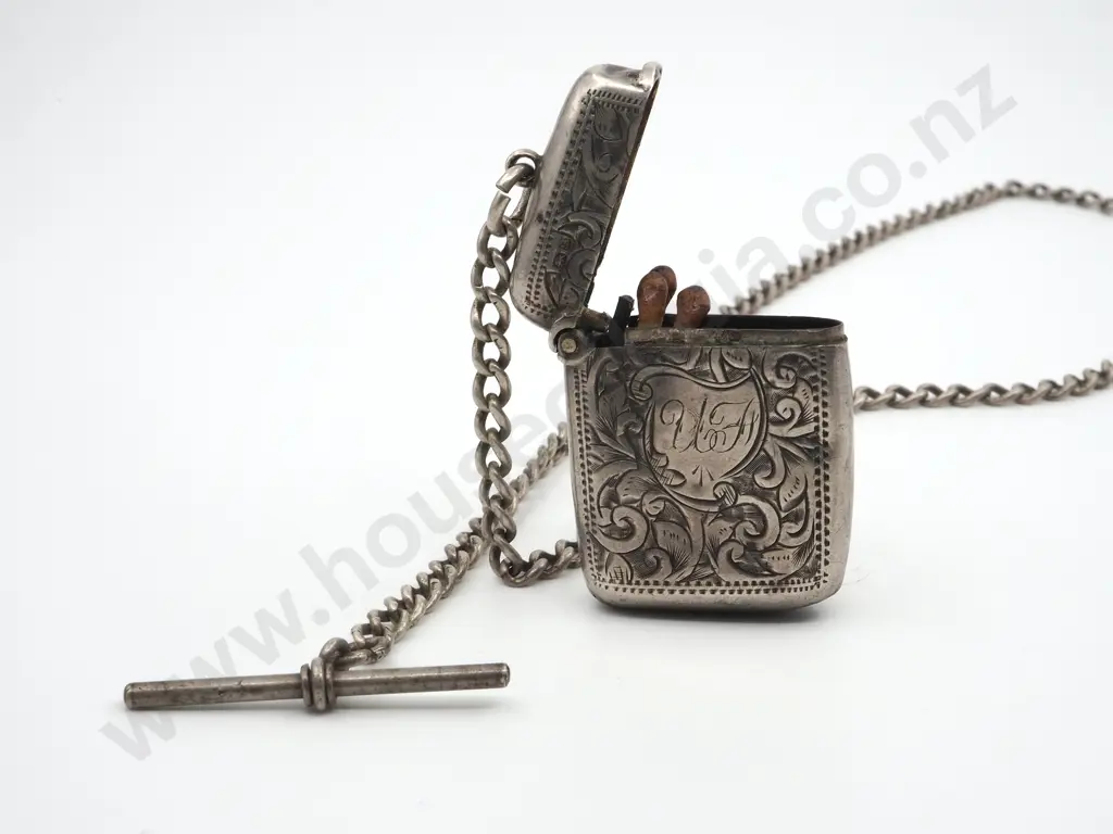 Sterling Silver Engraved Vesta Box (With Vestas) & Chain Link Fob Chain Image 1++