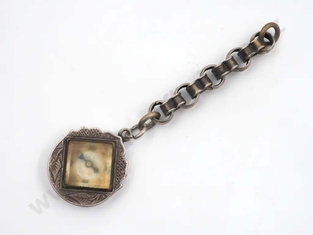 Vintage Sterling Silver Shaped Fob With Internal Compass & Short Chain Attached  Image 1++