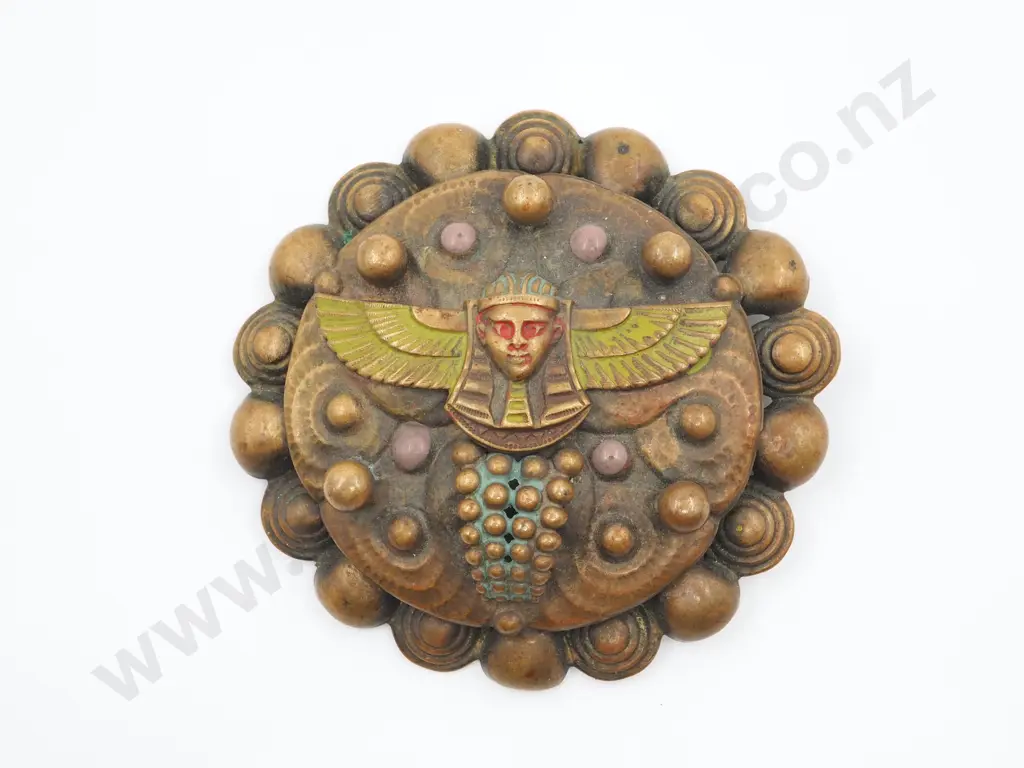 Max Neiger  Round  Art Deco  Enamelled Egyptian Revival Brooch With Winged Head Image 1++