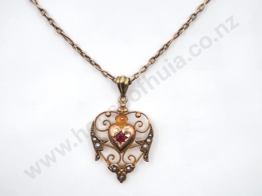Edwardian 9ct Gold Heart Shaped Pendant w Seed Pearls & Red Stone on Chain. Image 1++