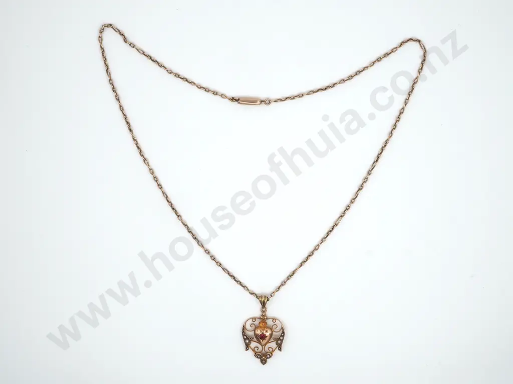 Edwardian 9ct Gold Heart Shaped Pendant w Seed Pearls & Red Stone on Chain. Image 1++