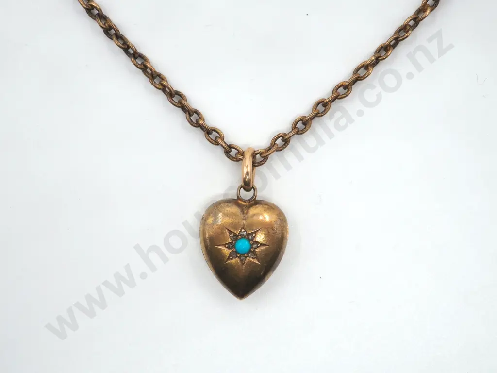 15ct Gold Pendant w Turquoise on Chain  Image 1++