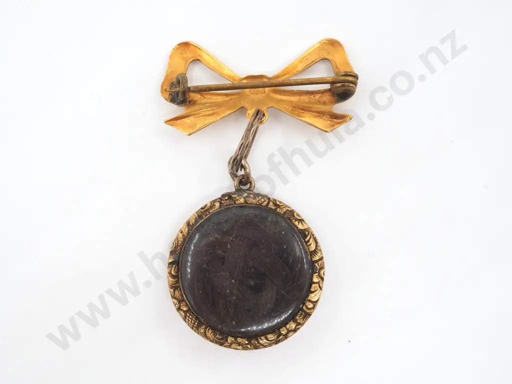 Gold & Turquoise Victorian Mourning Hair Suspended on a Later 9ct Gold Bow Brooch Image 1++