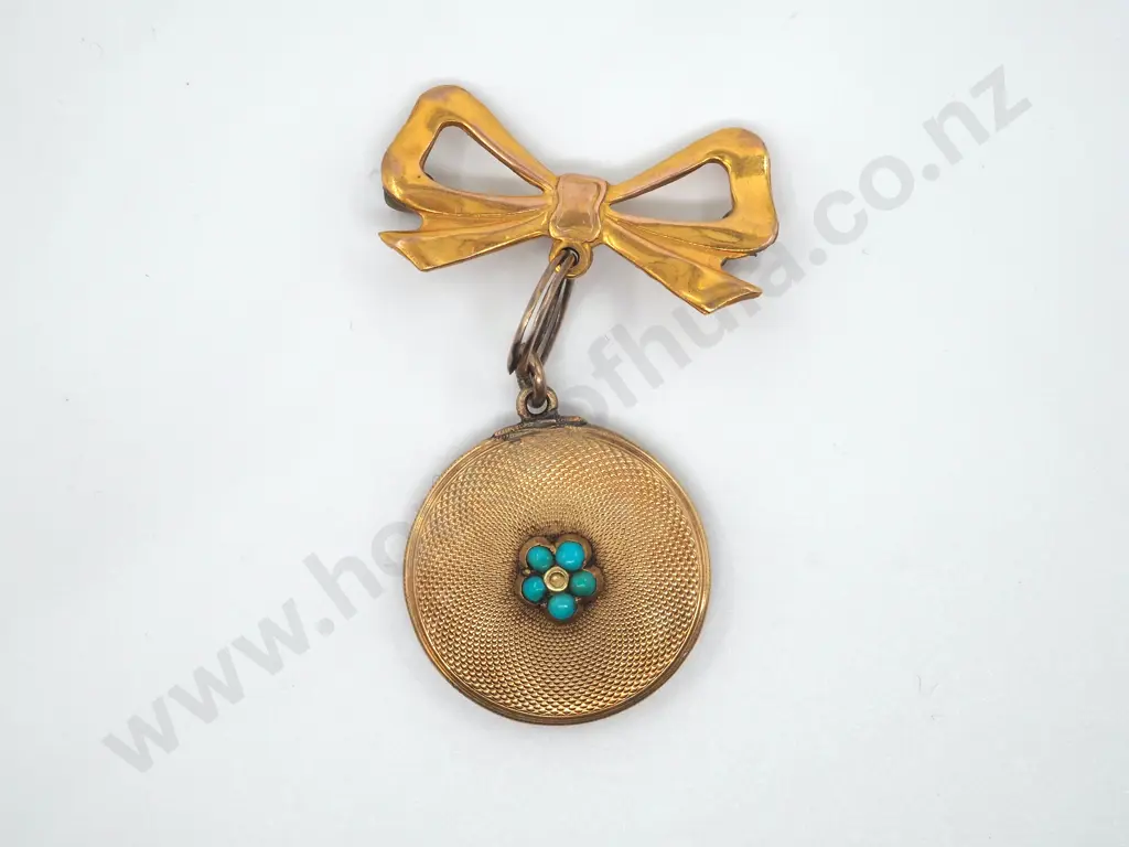 Gold & Turquoise Victorian Mourning Hair Suspended on a Later 9ct Gold Bow Brooch Image 1++