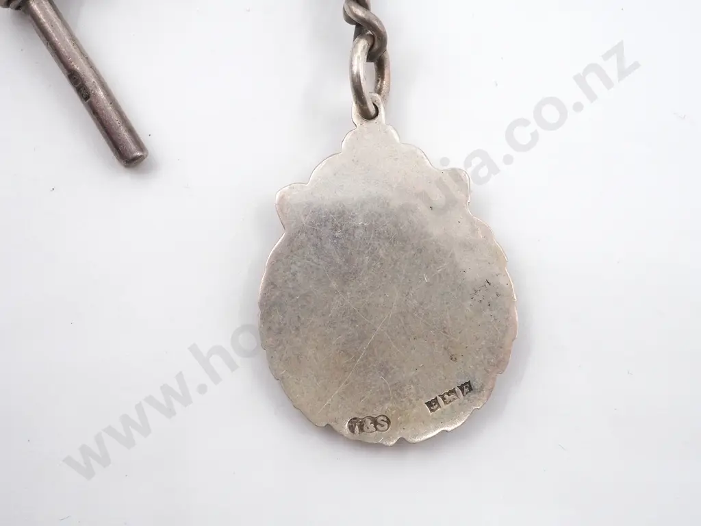 Sterling Silver Watch Chain with T Bar & Circular Medallion Image 1++