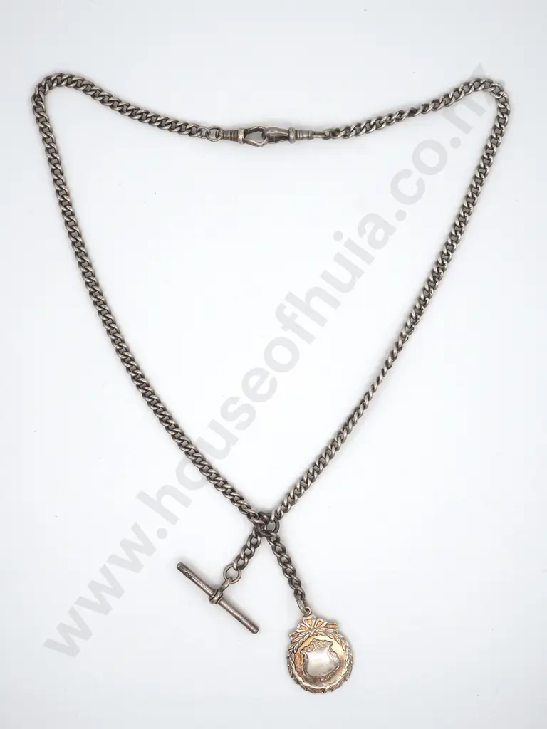 Sterling Silver Watch Chain with T Bar & Circular Medallion Image 1++