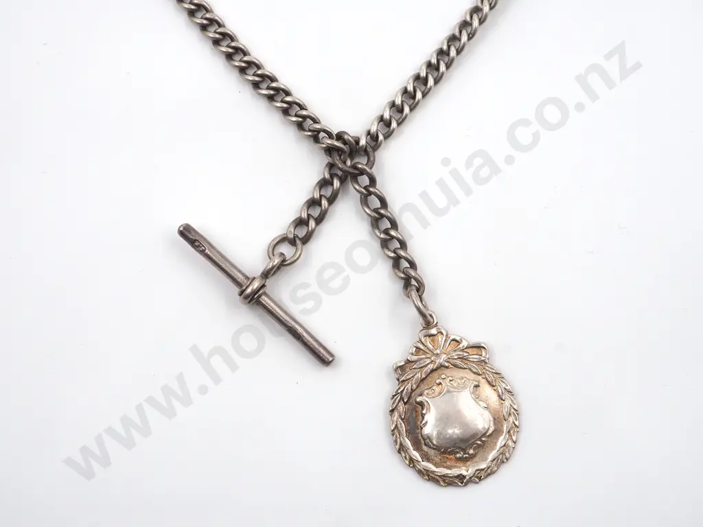 Sterling Silver Watch Chain with T Bar & Circular Medallion Image 1++