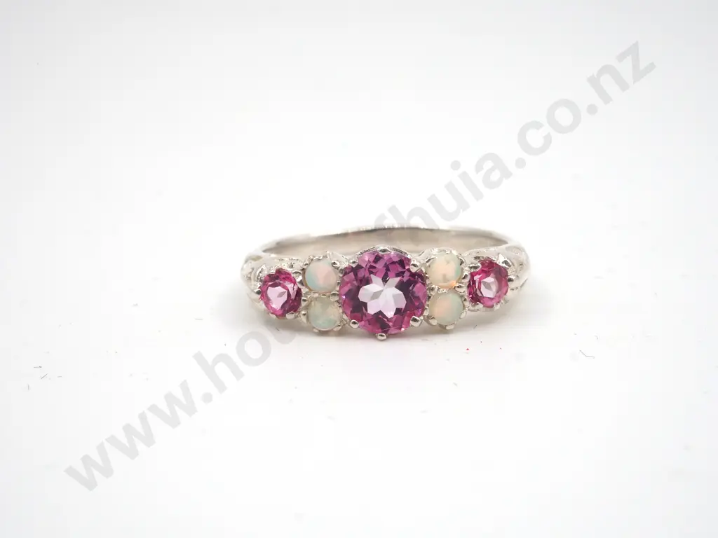 Exquisite Sterling Silver Opal & Pink Sapphire Ring Image 1++