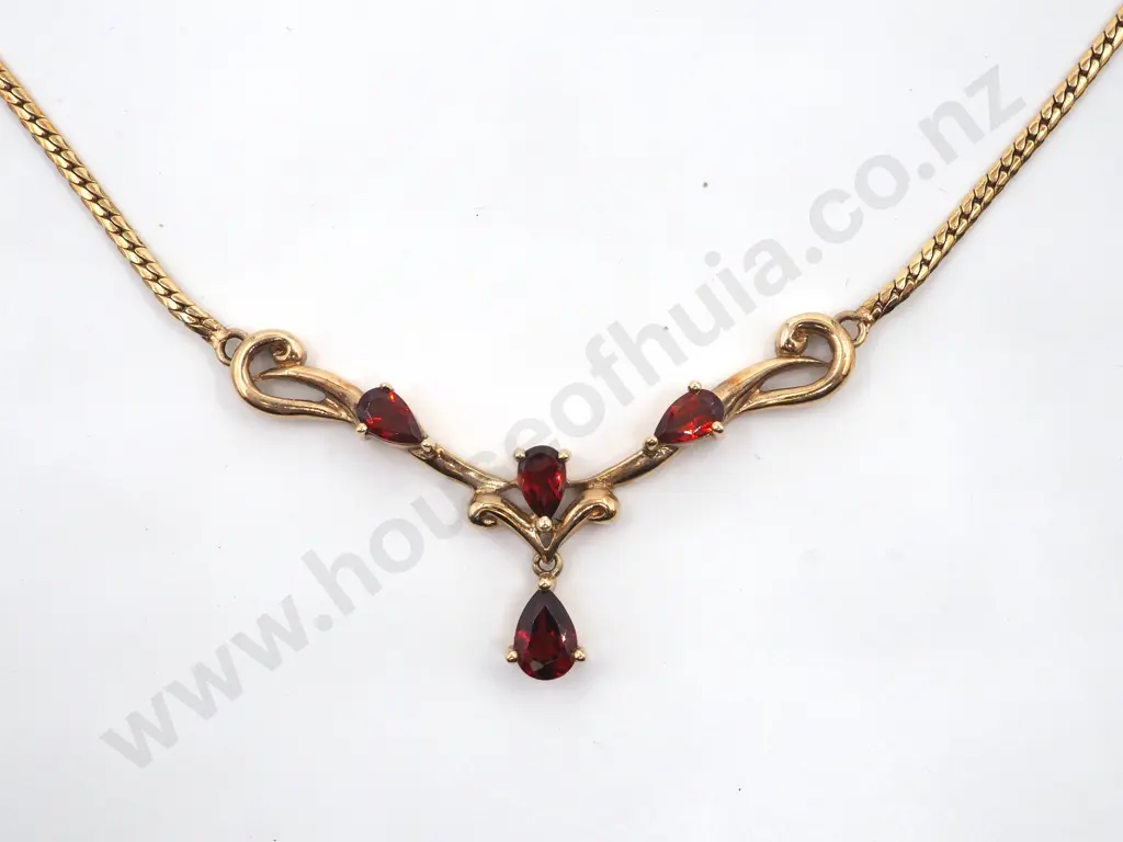 Art Nouveau Inspired 9ct Gold & Garnet Necklace Pendant w Snake Chain Image 1++