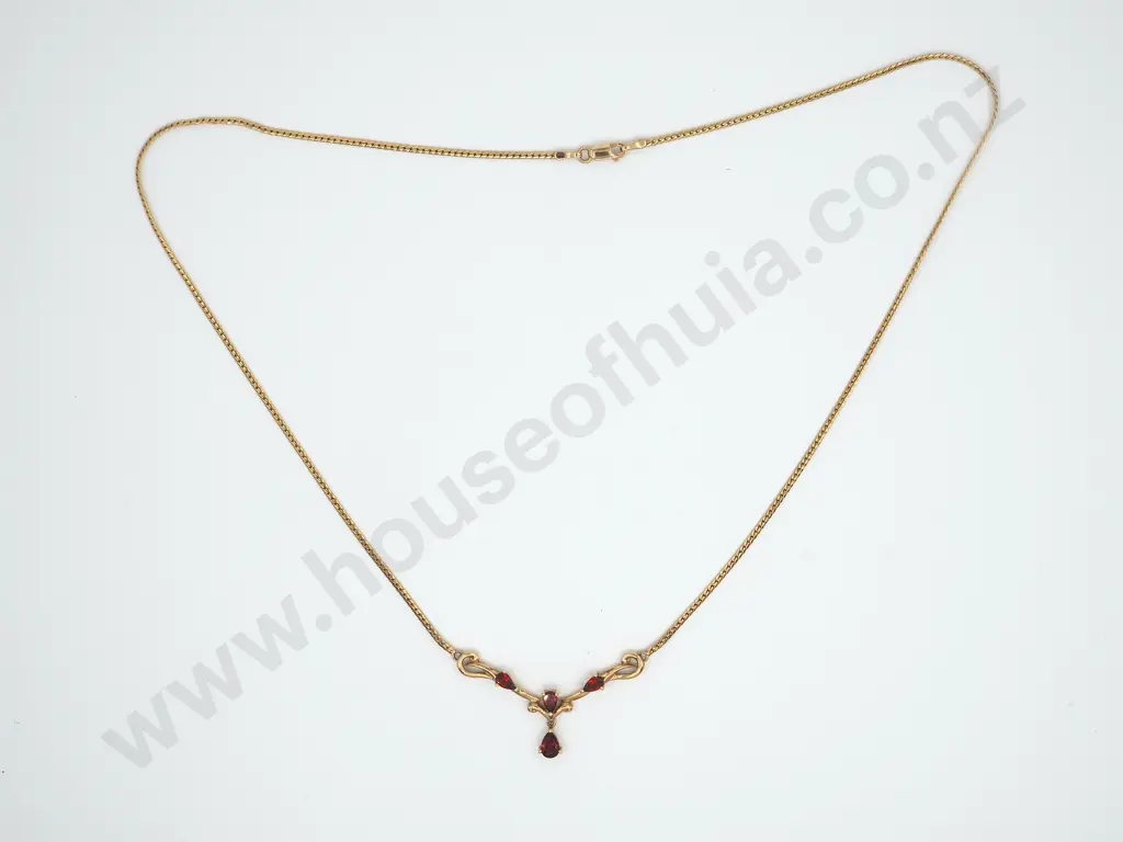 Art Nouveau Inspired 9ct Gold & Garnet Necklace Pendant w Snake Chain Image 1++