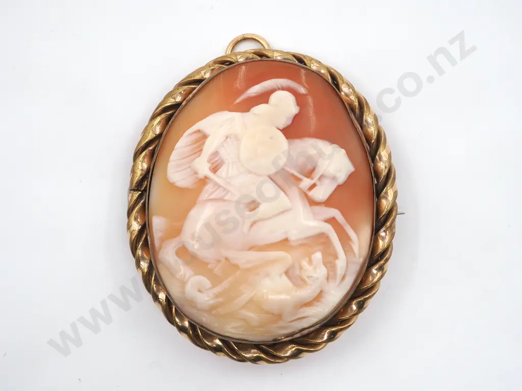 Large Cameo Brooch With Gold Rope Edge Depicting St George Slaying the Dragon Image 1++