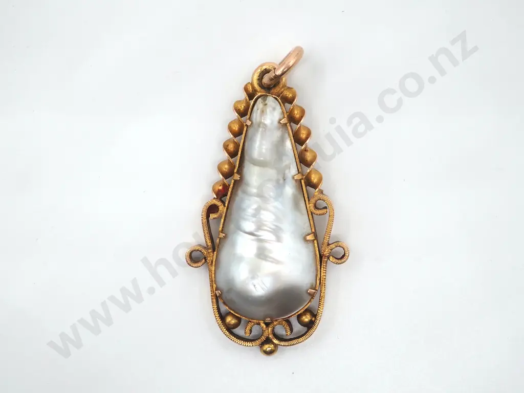 Exceptional 15ct Gold & Large Pearl Pendant - William C Hooper b 1882 Jewellery Image 1++