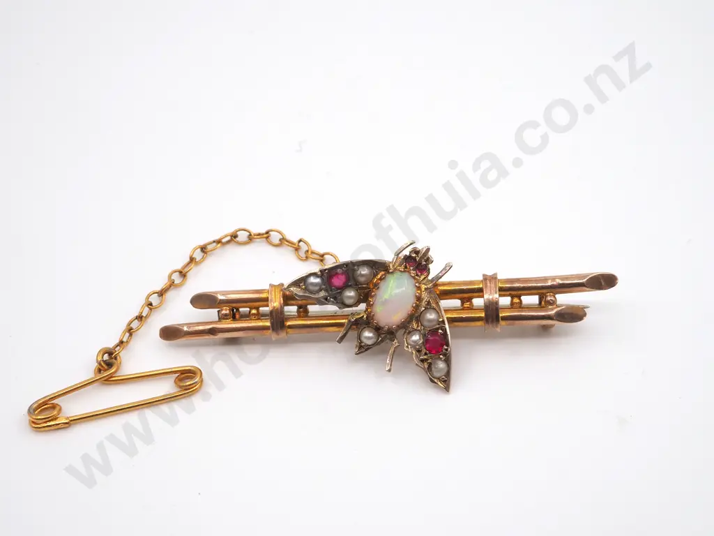 Antique 9ct Gold Insect Brooch w Opal, Ruby & Seed Pearls Image 1++
