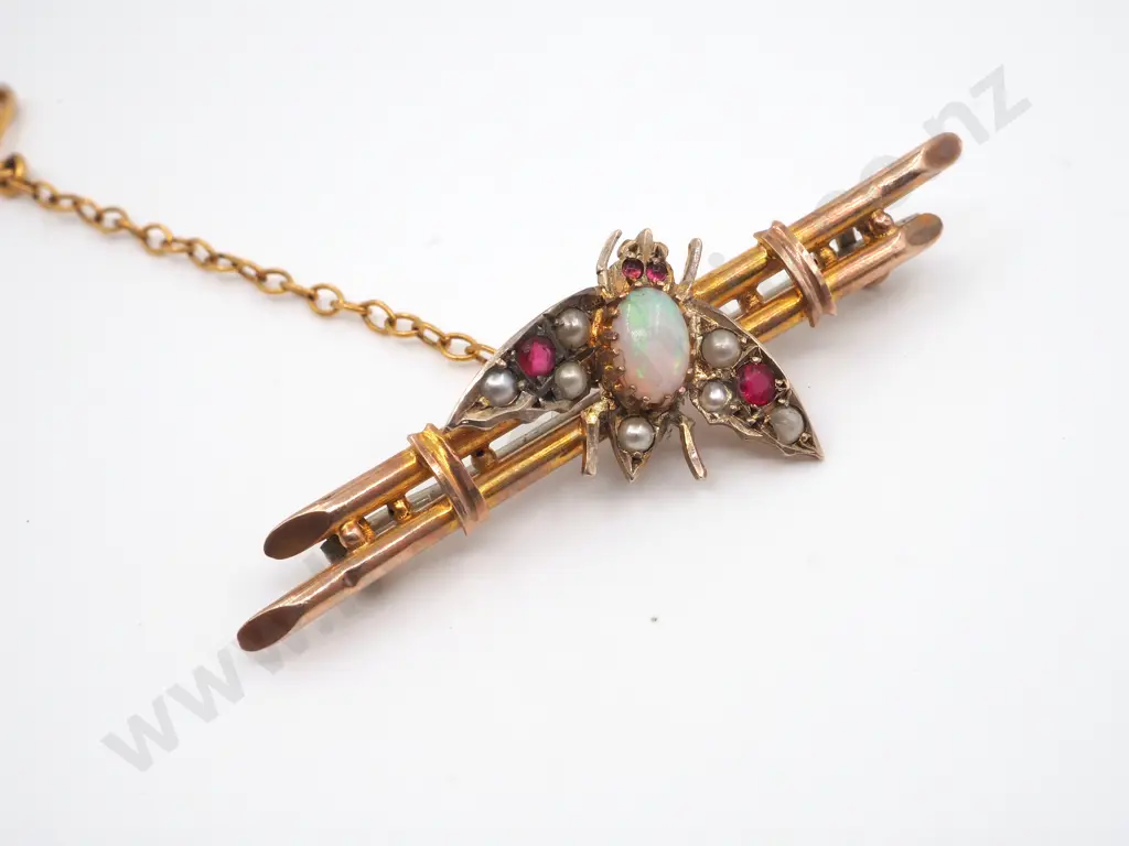 Antique 9ct Gold Insect Brooch w Opal, Ruby & Seed Pearls Image 1++