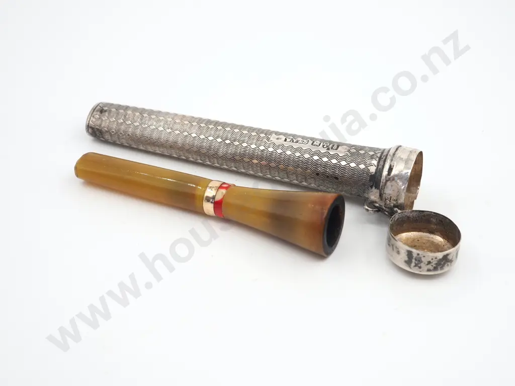 Sterling Silver Cigarette Holder Case & Cigerette Holder w 9ct Gold Rim Image 1++