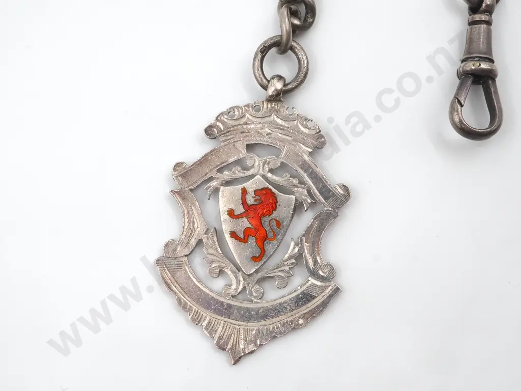 Sterling Silver Watch Chain with T Bar & Medallion . The Medallion Inset With a Red Enamel Lion Rampant Image 1++