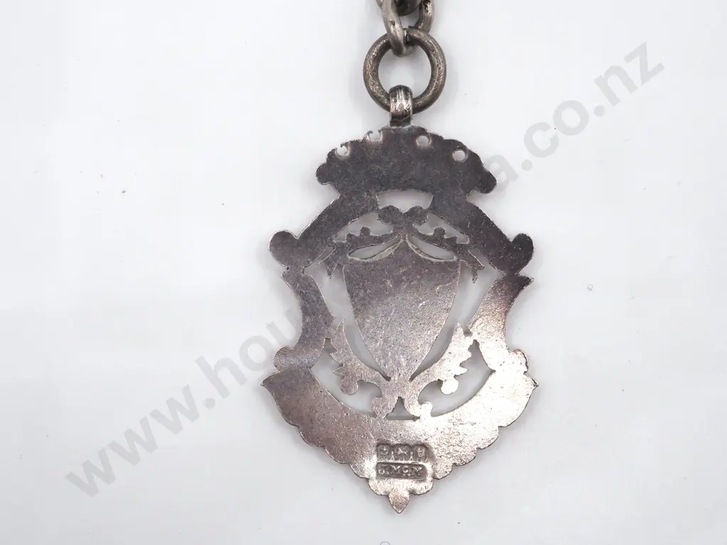 Sterling Silver Watch Chain with T Bar & Medallion . The Medallion Inset With a Red Enamel Lion Rampant Image 1++