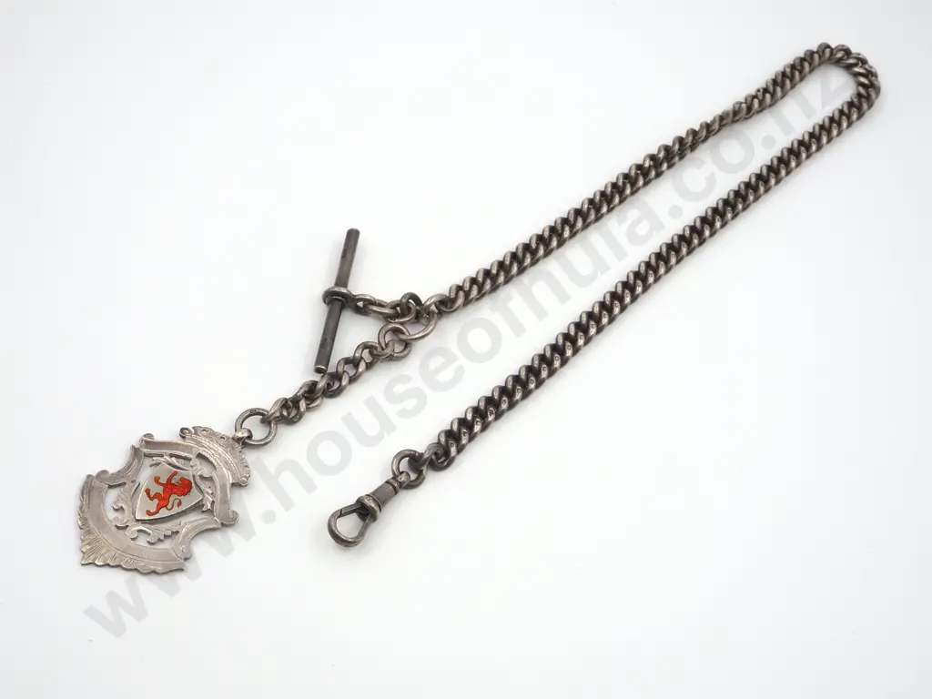 Sterling Silver Watch Chain with T Bar & Medallion . The Medallion Inset With a Red Enamel Lion Rampant Image 1++
