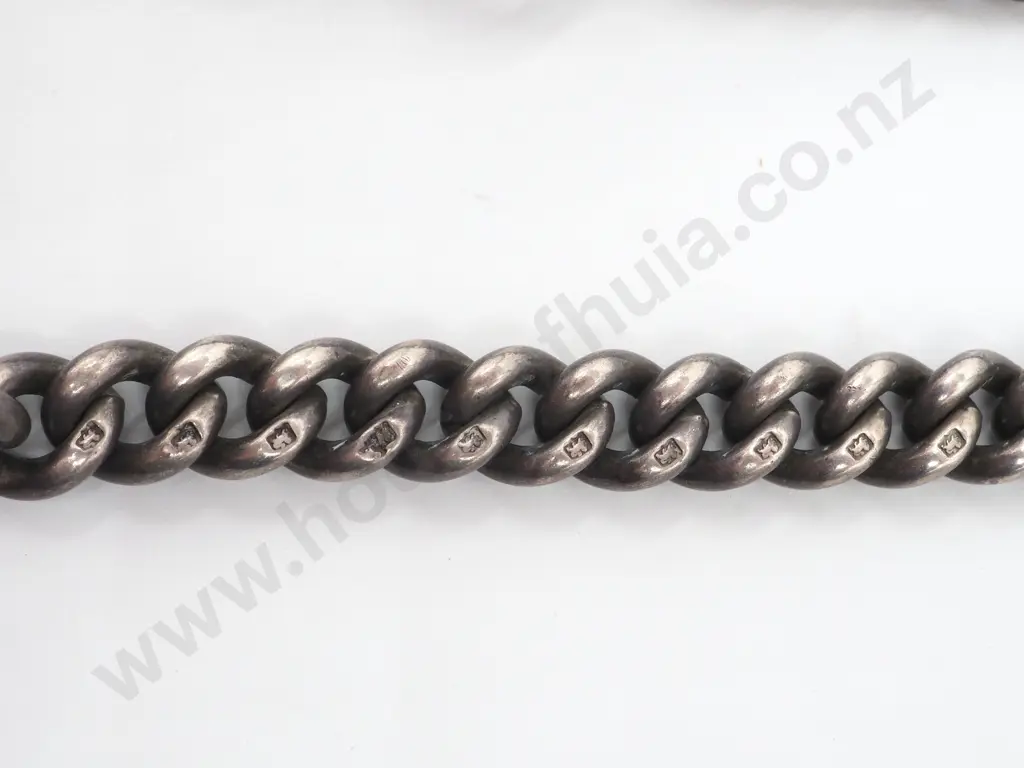 Sterling Silver Watch Chain with T Bar & Medallion . The Medallion Inset With a Red Enamel Lion Rampant Image 1++