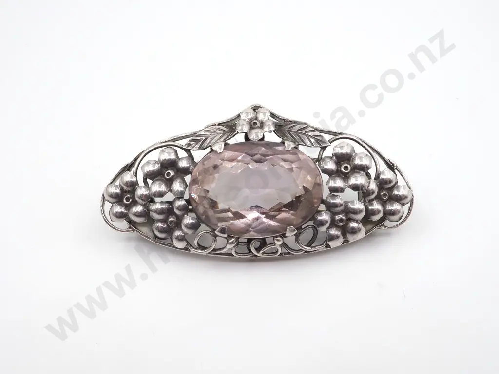 Georg Jensen Danish Style Brooch Inset with Light Purple Stone and Floral Surround Image 1++