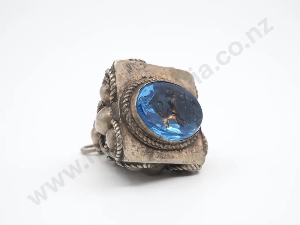 Sterling Silver & Blue Stone Seal with Intaglio of a Goat Image 1++