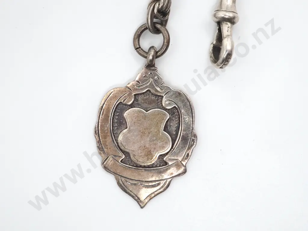 Sterling Silver Fancy Watch Chain with T Bar & Medallion Image 1++