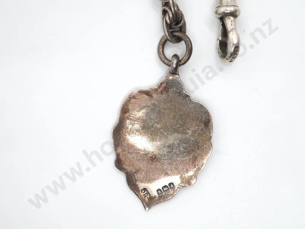 Sterling Silver Fancy Watch Chain with T Bar & Medallion Image 1++