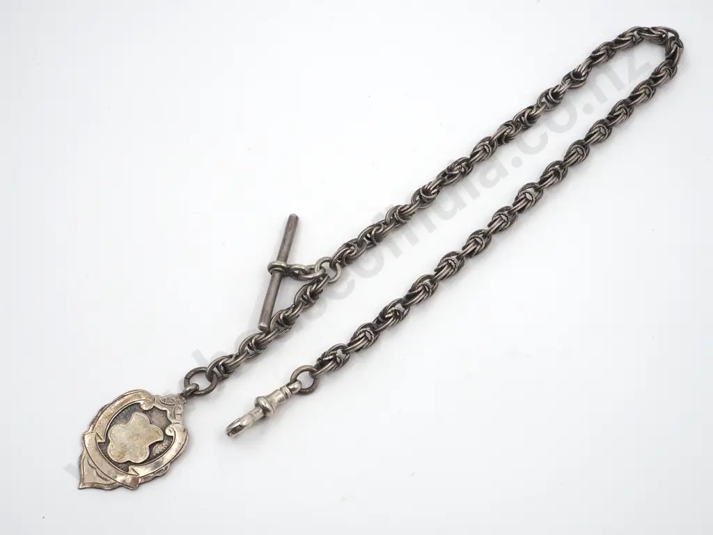 Sterling Silver Fancy Watch Chain with T Bar & Medallion Image 1++