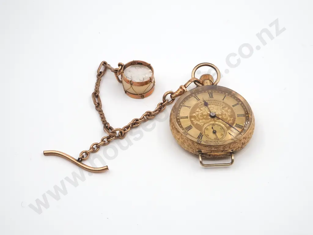 18ct Gold Pocket Watch With A Short Gold Chain & Drum MOP Fob Image 1++