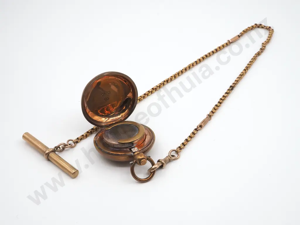 Antique 9ct Gold Fob Chain w Rolled Gold Sovereign Case & T Bar Image 1++