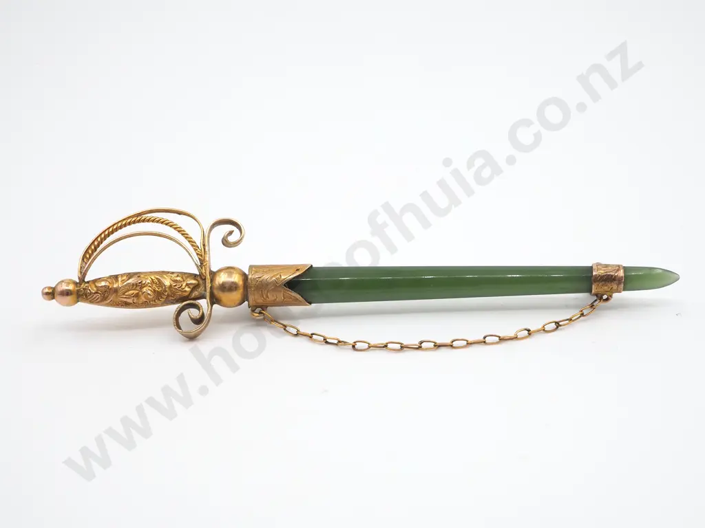 Colonial 9ct Gold & Greenstone Sword Brooch Image 1++