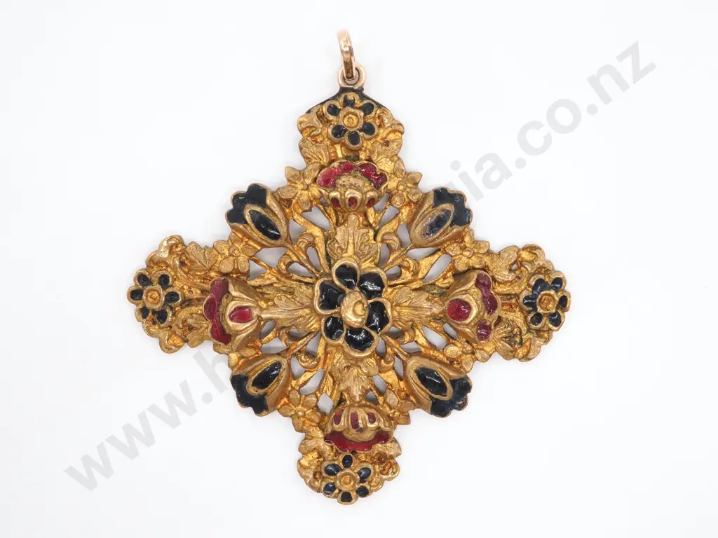 Antique French Enamelled Floral Motif Pendnat in Base Metal Image 1++