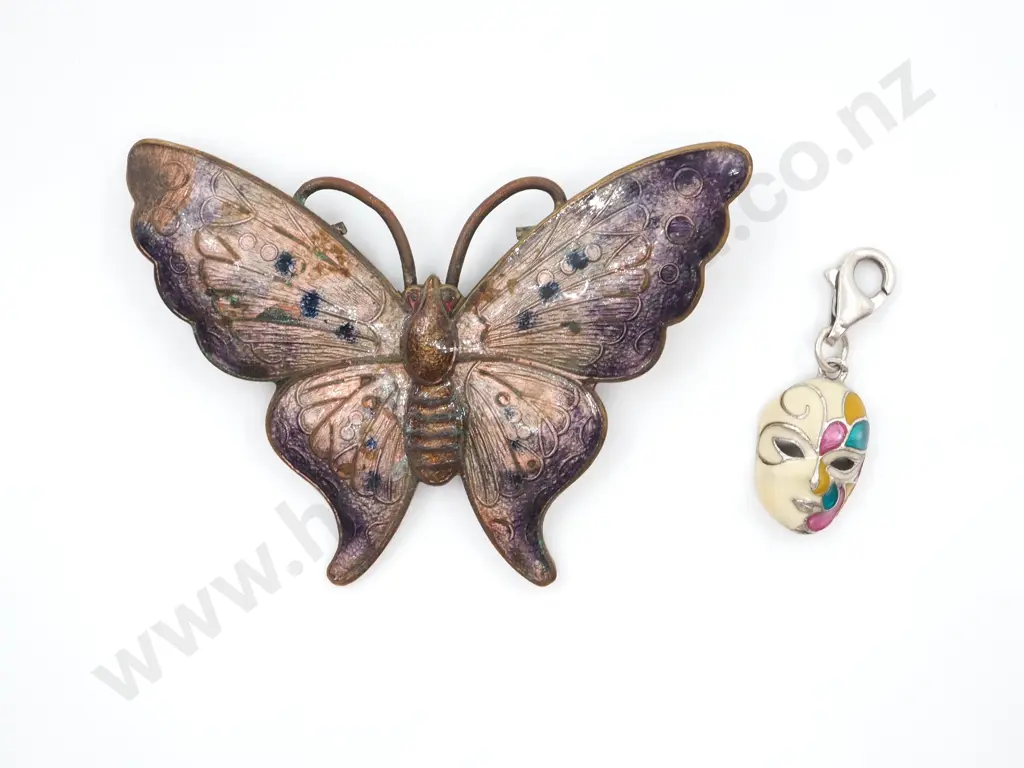 Vintage Enamel Butterfly Brooch & An Enamel Mask Charm Image 1++