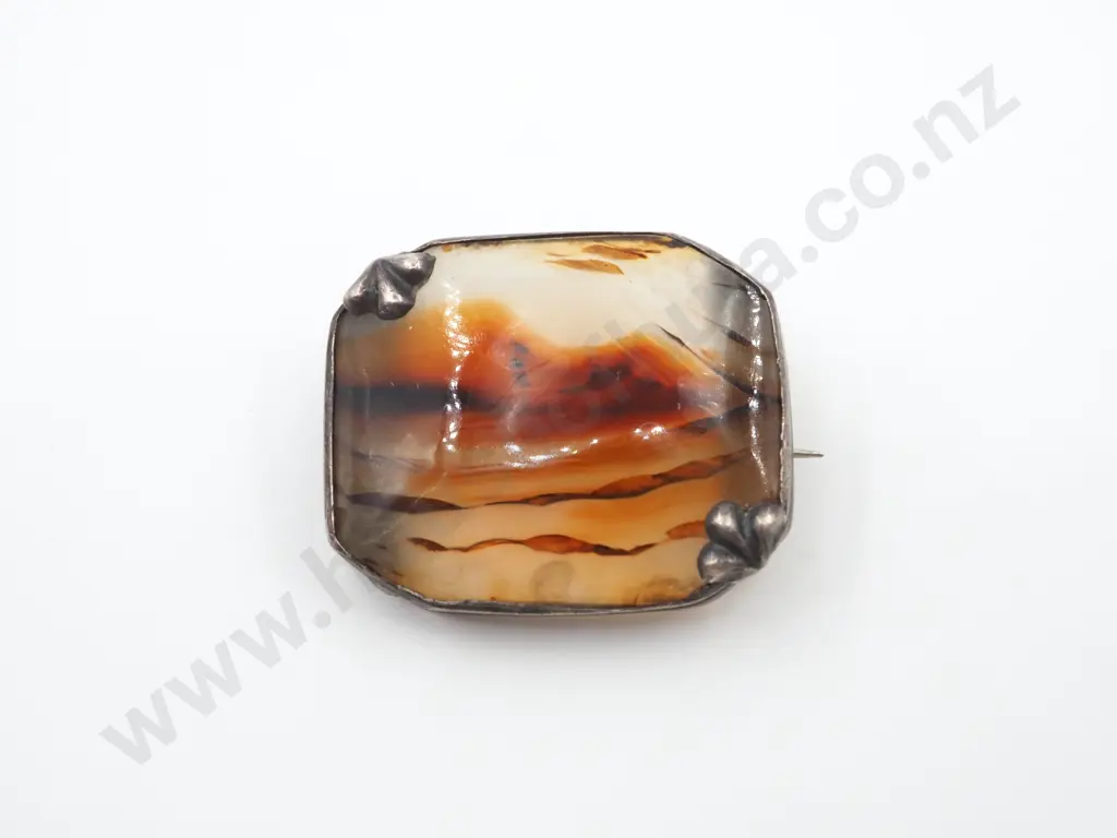 Vintage Sterling Silver & Agate Brooch Image 1++