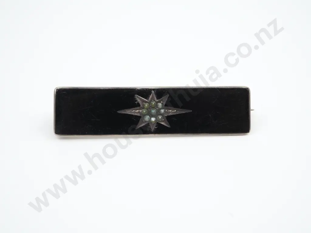 Sterling Silver & Enamel Bar Brooch Set With Seed Pearls In A Starburst.  Image 1++