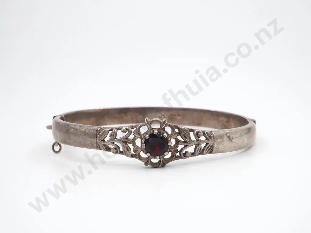 Sterling Silver Hinged Bracelet with Red Stone  Image 1++