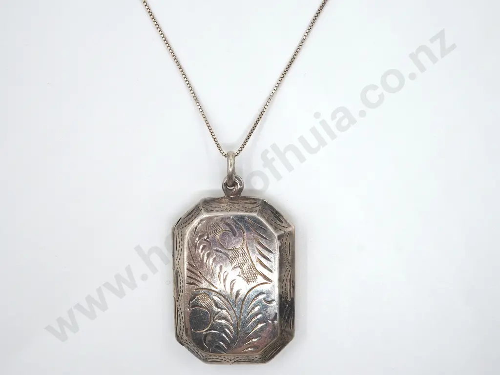Sterling Silver Rectangular Engraved Locket With Chain  Image 1++