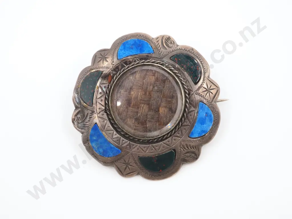 Sterling Silver Scottish Mourning Brooch w Lapis & Bloodstone A/F Image 1++