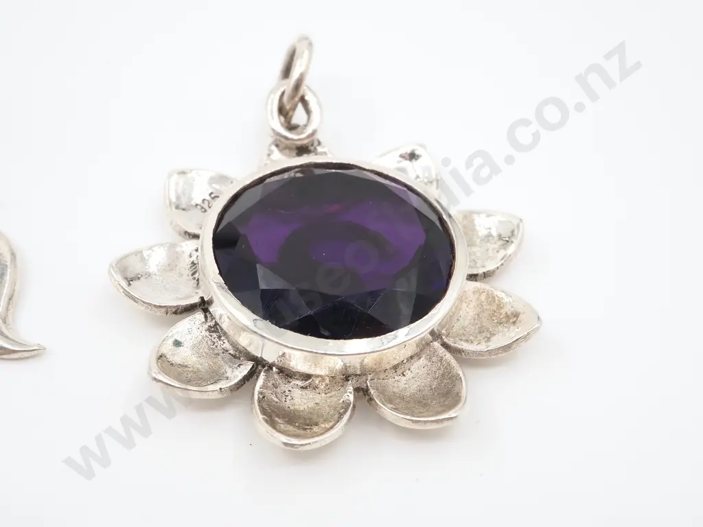 Two Sterling Silver Pendants. One With Inset Amethyst Coloured Stone  Image 1++