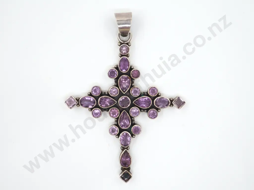 Large Sterling Silver Cross Set With Amethysts Image 1++