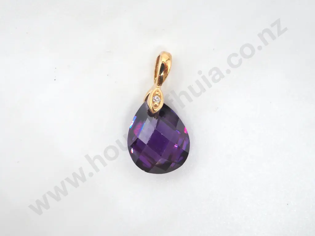 9ct Yellow Gold & Amethyst CZ Drop Pendant Image 1++