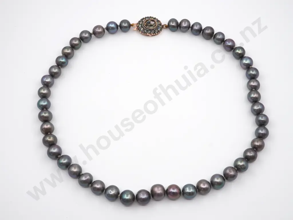 String Of Black Pearls with An Oval  Decorative Stone Clasp  Image 1++