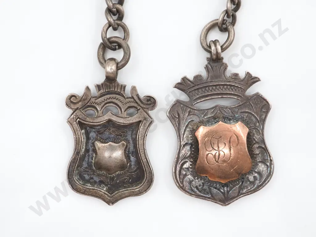 Two Sterling Silver Watch Chains Both With T Bars & Fobs. Image 1++